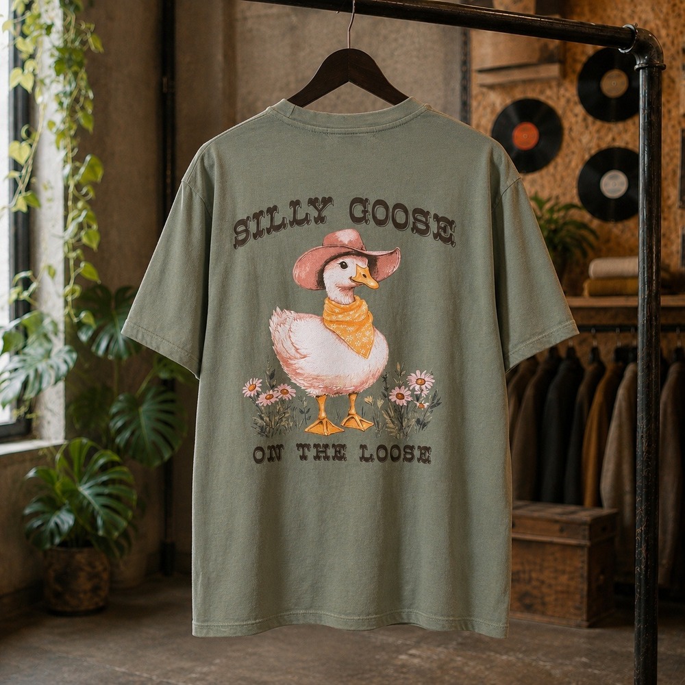Medium Silly Goose On The Loose T-Shirt Sage Green Western Cowboy Hat Tee
